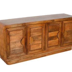 Artisan Mango Wood Sideboard with Strip Design and Cane Accents