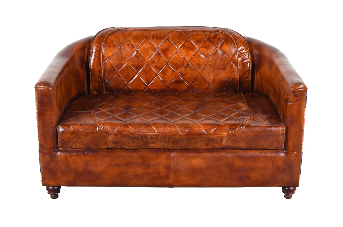 Vintage 2 Seater Union Jack Leather Canvas Wooden Sofa - Image 2