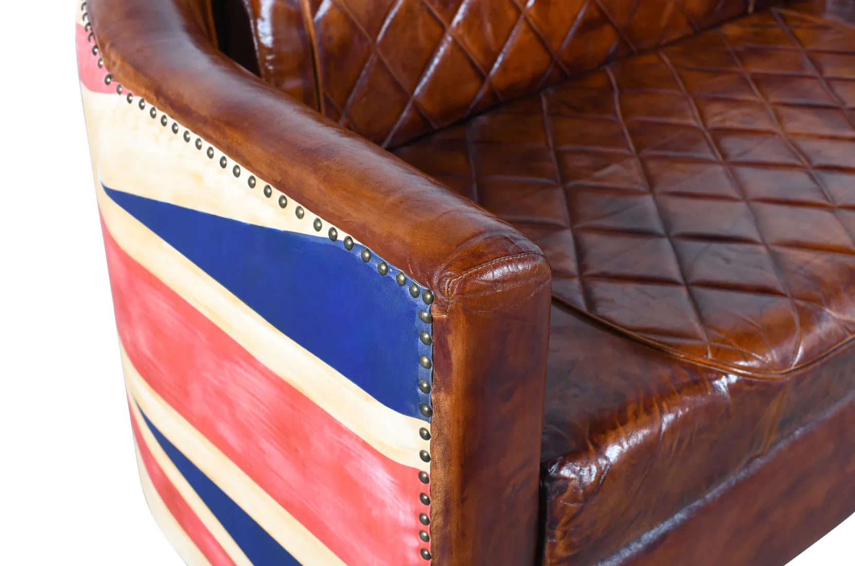 Vintage 2 Seater Union Jack Leather Canvas Wooden Sofa - Image 3