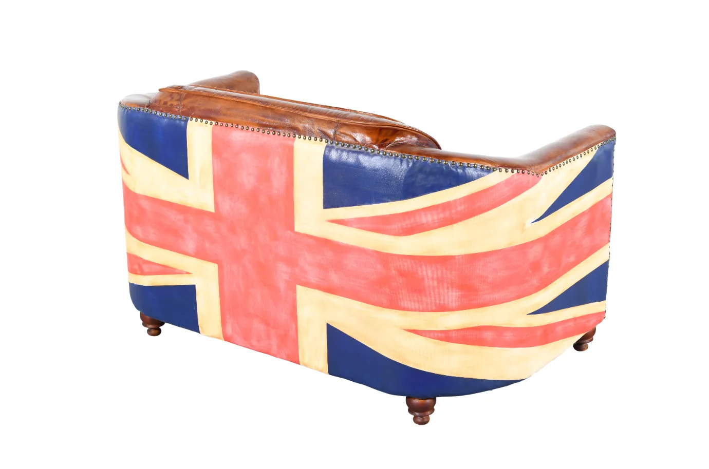 Vintage 2 Seater Union Jack Leather Canvas Wooden Sofa - Image 4