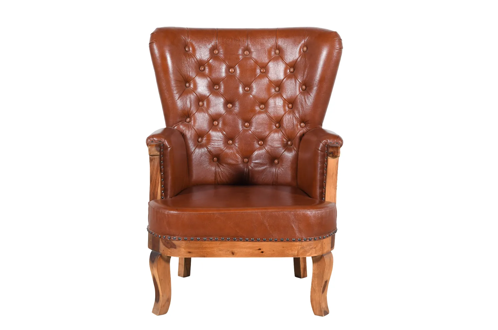 Premium Leather Highback Chesterfield Chair with Acacia Wood Frame