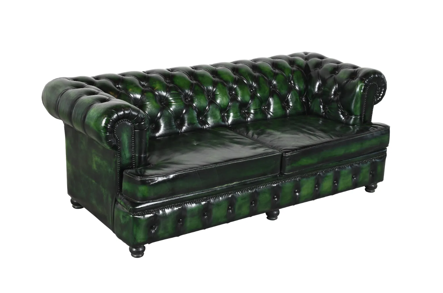 Vintage Green Antique Leather Chesterfield Sofa with Recycled Wood Frame