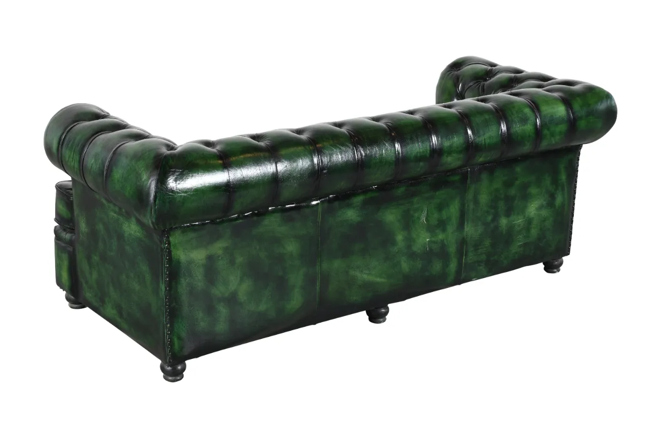 Vintage Green Antique Leather Chesterfield Sofa with Recycled Wood Frame - Image 4