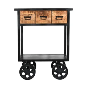 ndustrial Mango Wood Iron Cart Table with Vintage Wheels