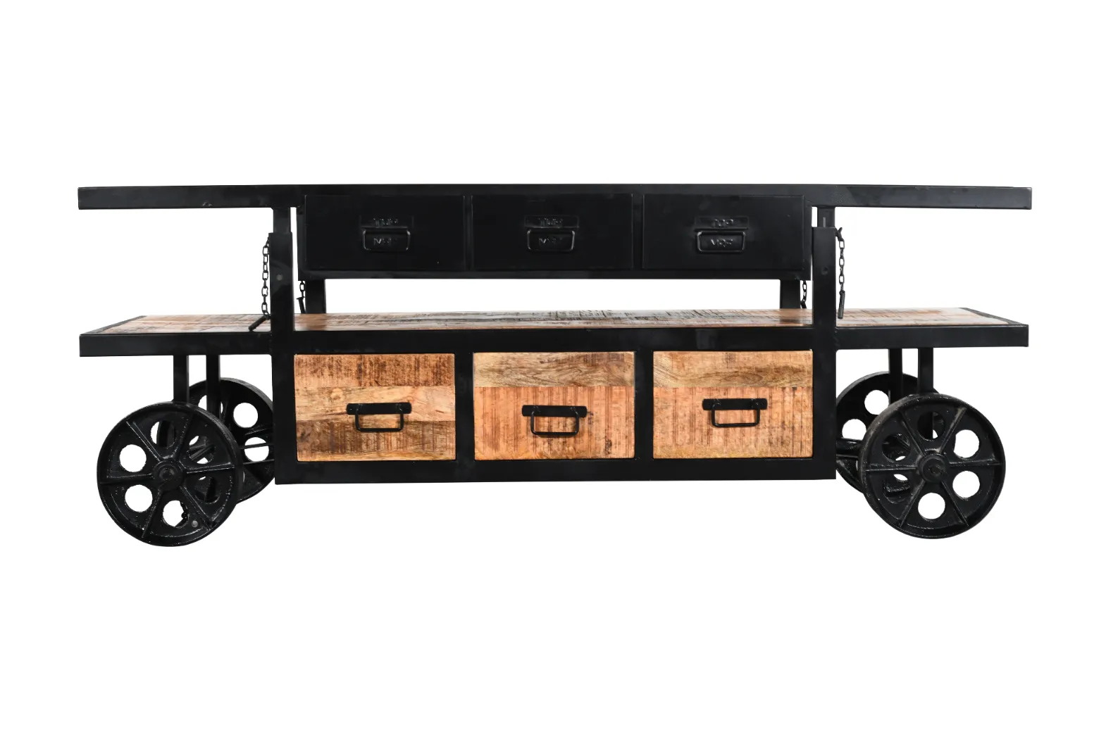 Industrial Mango Wood Iron Cart Console with Vintage Wheels - Image 2