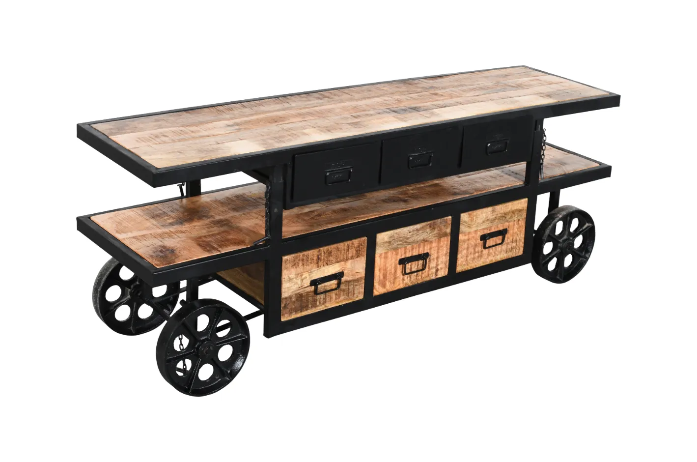 Industrial Mango Wood Iron Cart Console with Vintage Wheels - Image 3