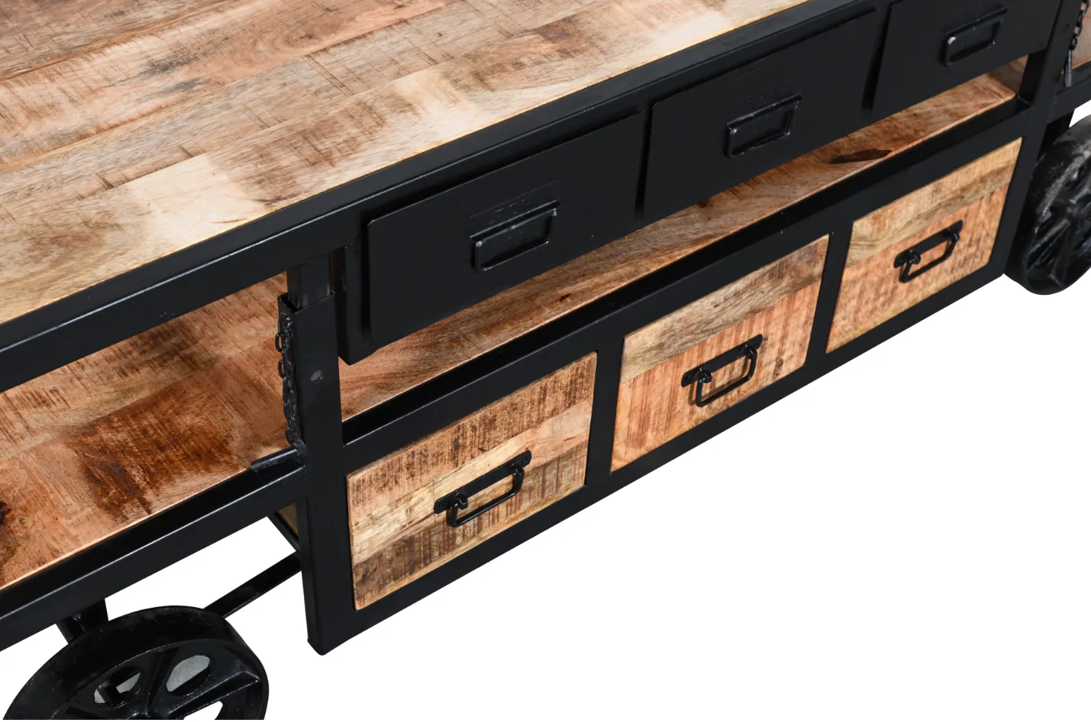 Industrial Mango Wood Iron Cart Console with Vintage Wheels - Image 4