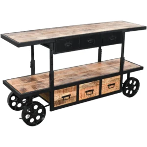Industrial Mango Wood Iron Cart Console with Vintage Wheels