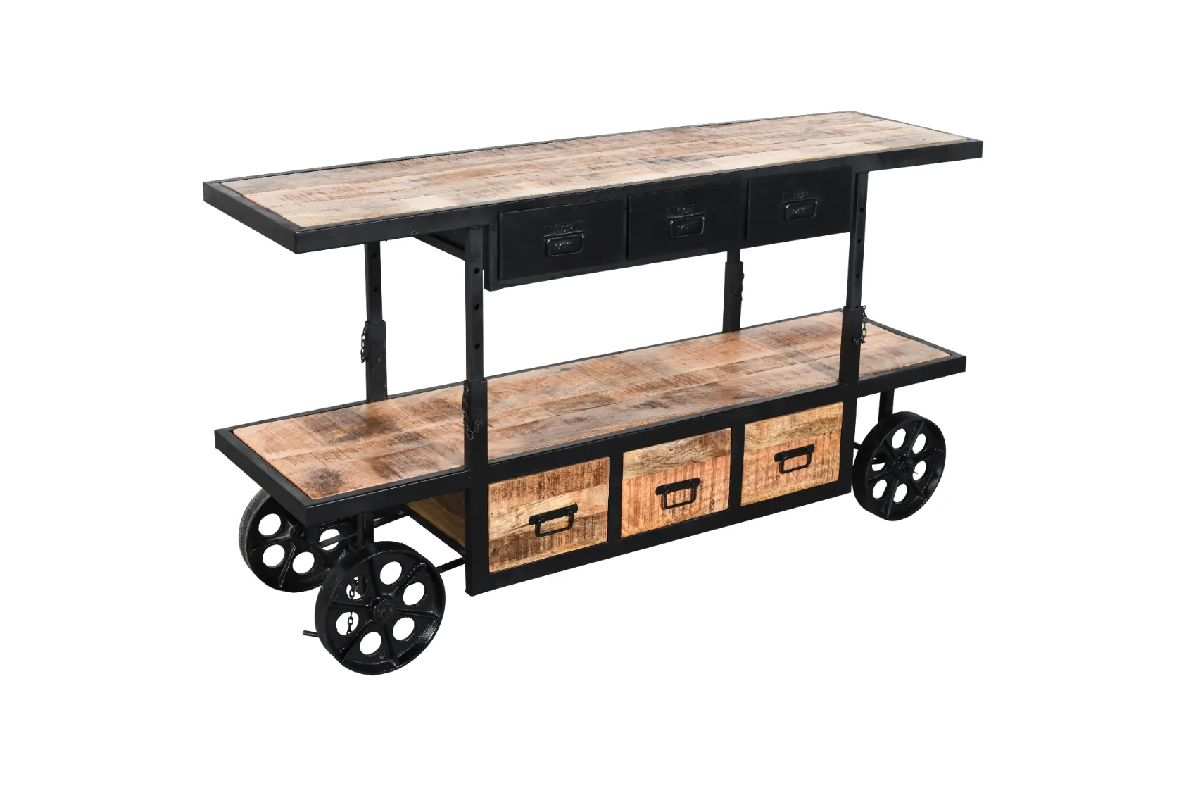 Industrial Mango Wood Iron Cart Console with Vintage Wheels
