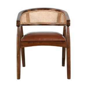 Premium Acacia Wood Cane Leather Chair with Cognac Brown Finish