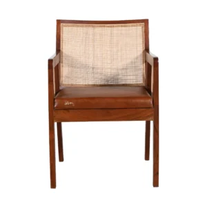 Elegant Acacia Wood Cane Leather Chair with Cognac Brown Finish