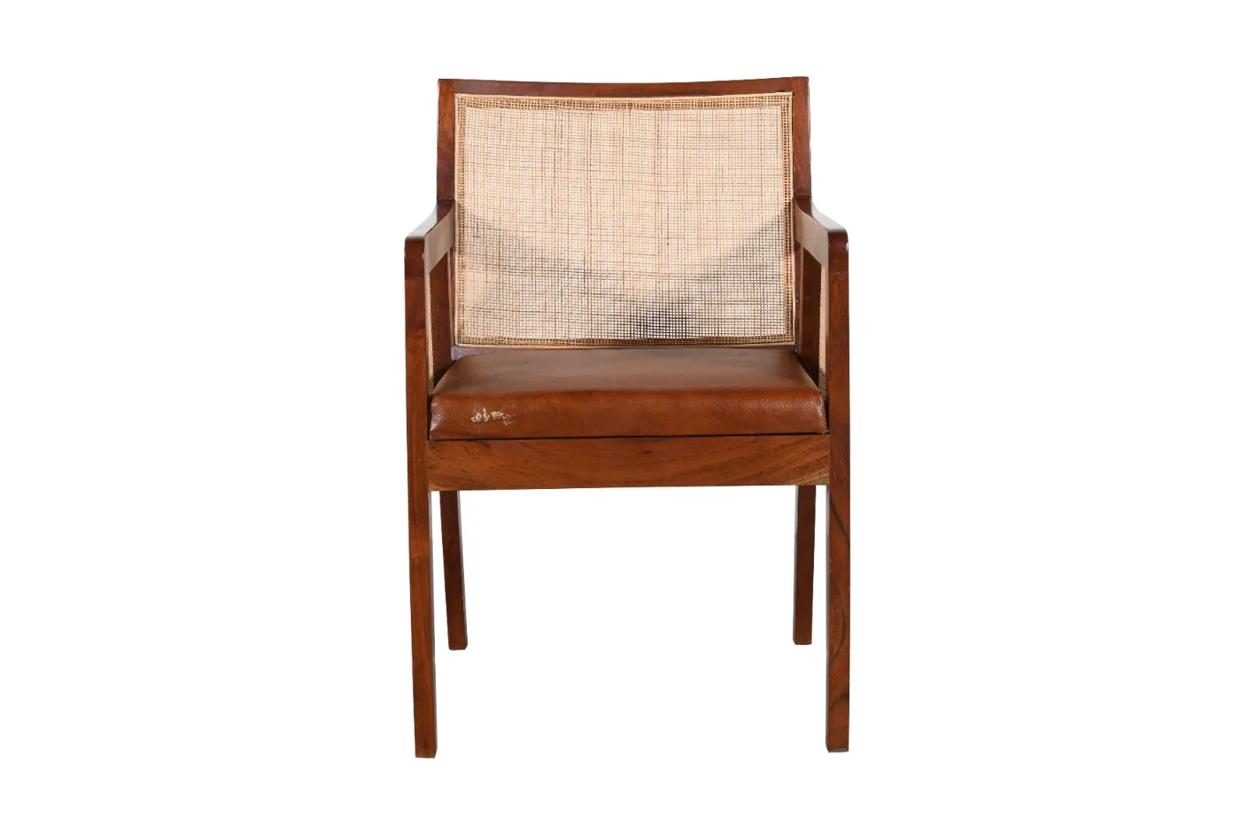 Elegant Acacia Wood Cane Leather Chair with Cognac Brown Finish