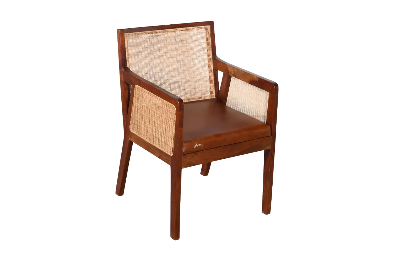 Elegant Acacia Wood Cane Leather Chair with Cognac Brown Finish - Image 2