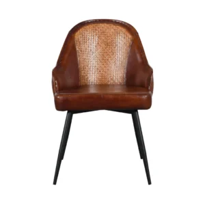 Sophisticated Iron Cane Leather Armchair with Rich Brown Finish