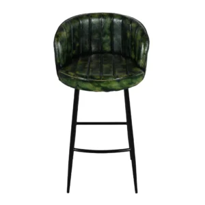 Vintage Iron Leather Bar Chair with Recycled Wood Structure and Green Antique Finish