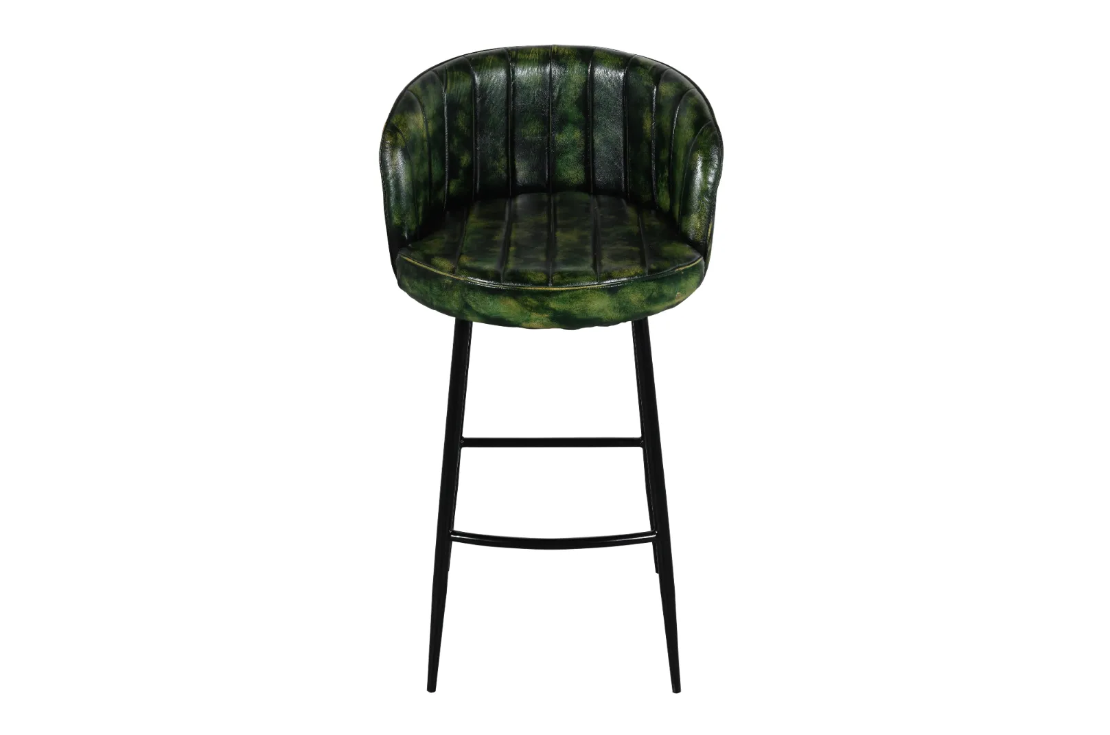 Vintage Iron Leather Bar Chair with Recycled Wood Structure and Green Antique Finish