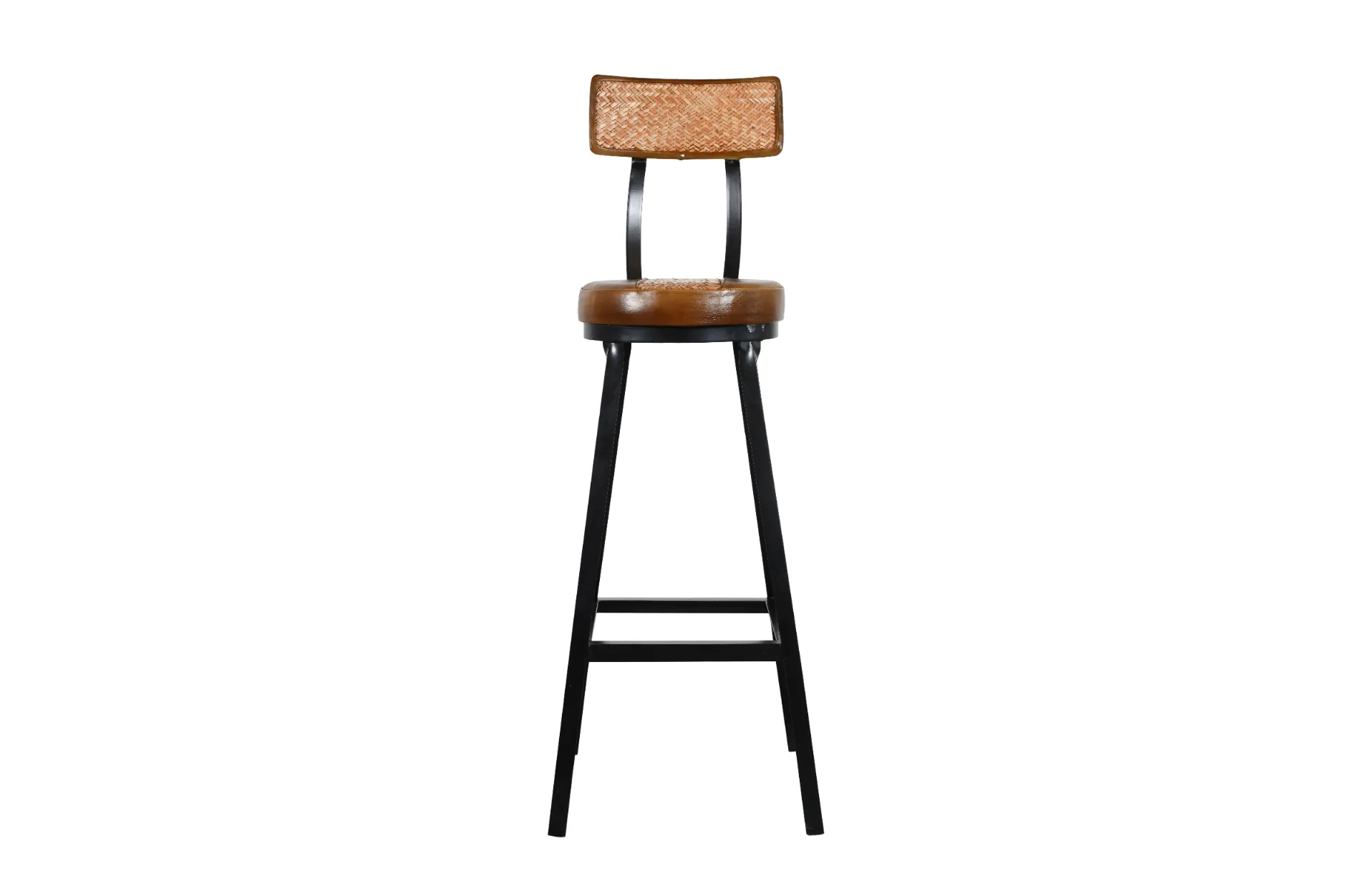 Compact Iron Cane Leather Bar Chair with Natural Brown Finish and Extended Height