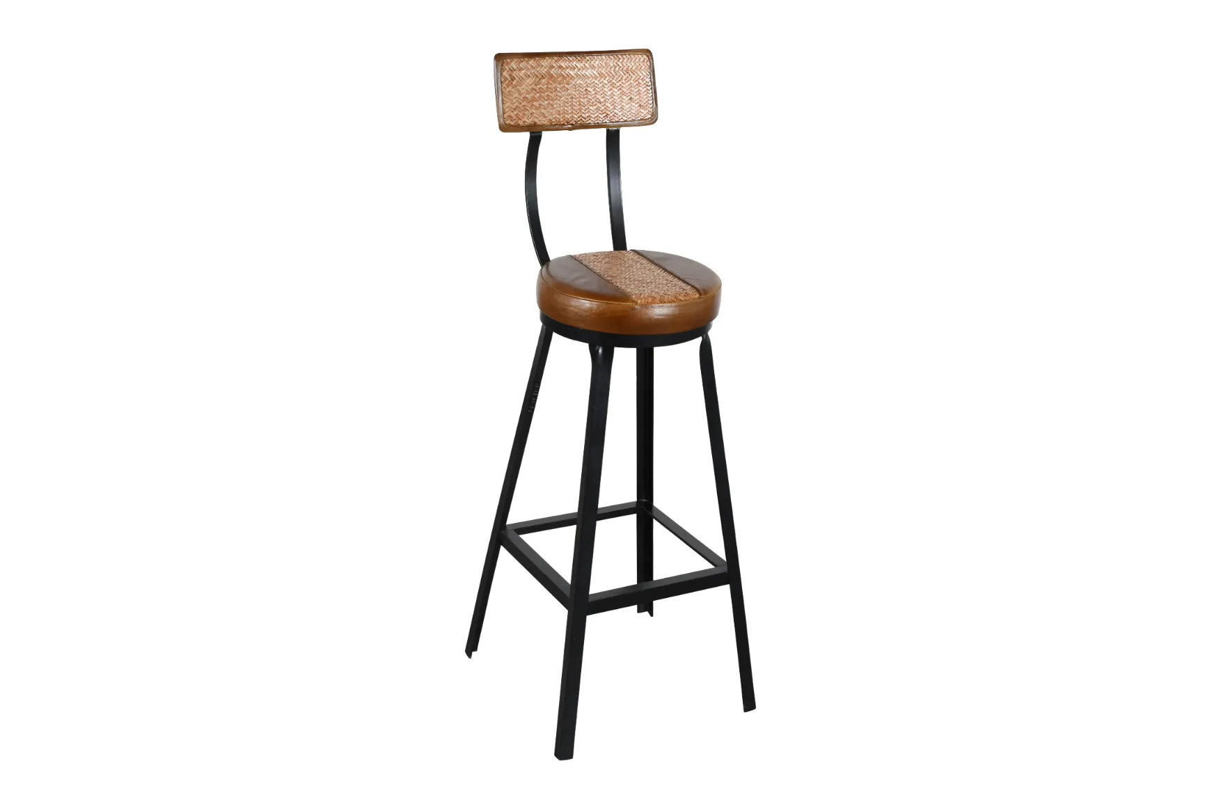 Compact Iron Cane Leather Bar Chair with Natural Brown Finish and Extended Height - Image 2