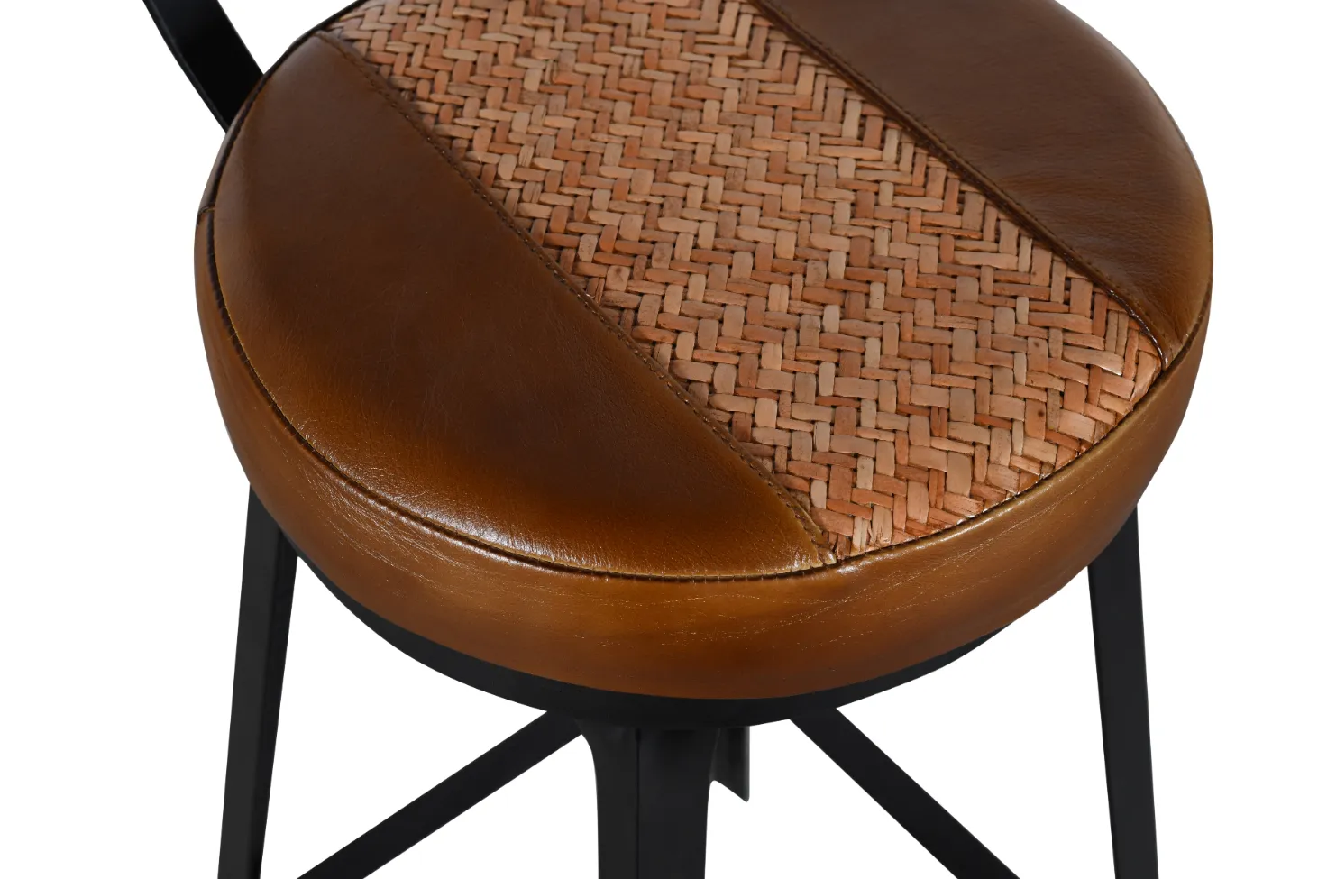 Compact Iron Cane Leather Bar Chair with Natural Brown Finish and Extended Height - Image 3