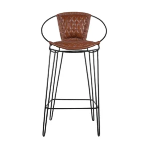 Premium Iron Wire Bar Chair with Cognac Brown Leather and Curved Back Design