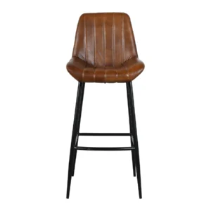 Sleek Iron Bar Chair with Antique Brown Leather and Vertical Channel Stitching