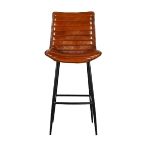 Contemporary Iron Bar Chair with Brown Leather and Horizontal Channel Stitching