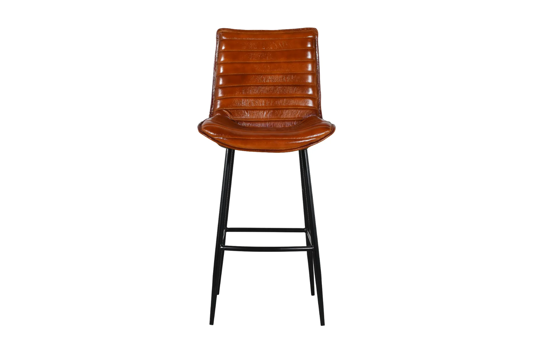 Contemporary Iron Bar Chair with Brown Leather and Horizontal Channel Stitching