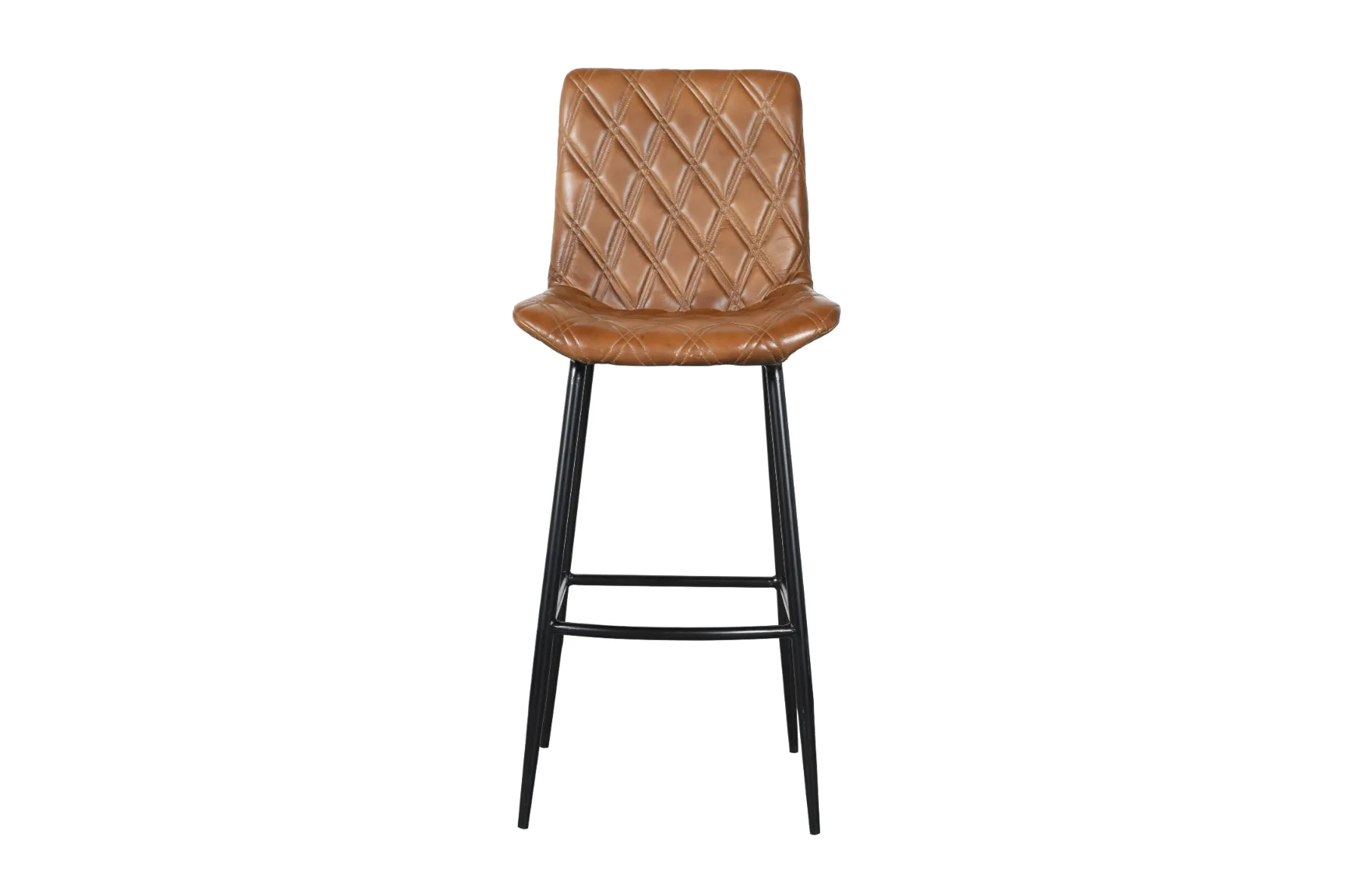 Elegant Iron Bar Chair with Light Brown Leather and Diamond Quilted Pattern