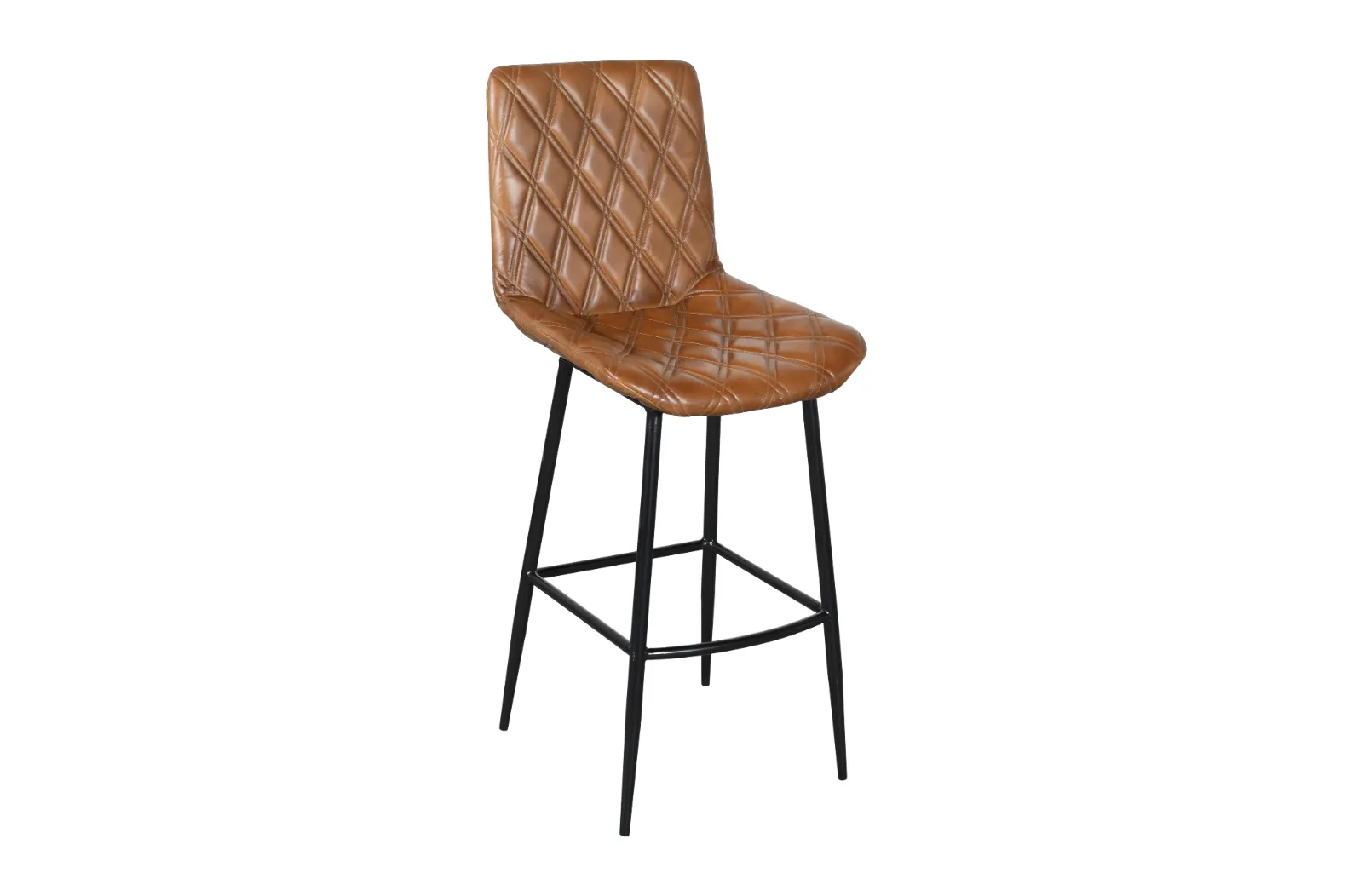 Elegant Iron Bar Chair with Light Brown Leather and Diamond Quilted Pattern - Image 2