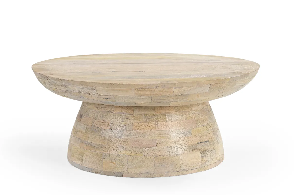 Mango Wood Round Coffee Table in White Stain Finish