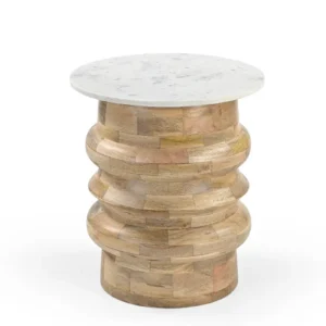 Mango Wood Round End Table with Marble Top