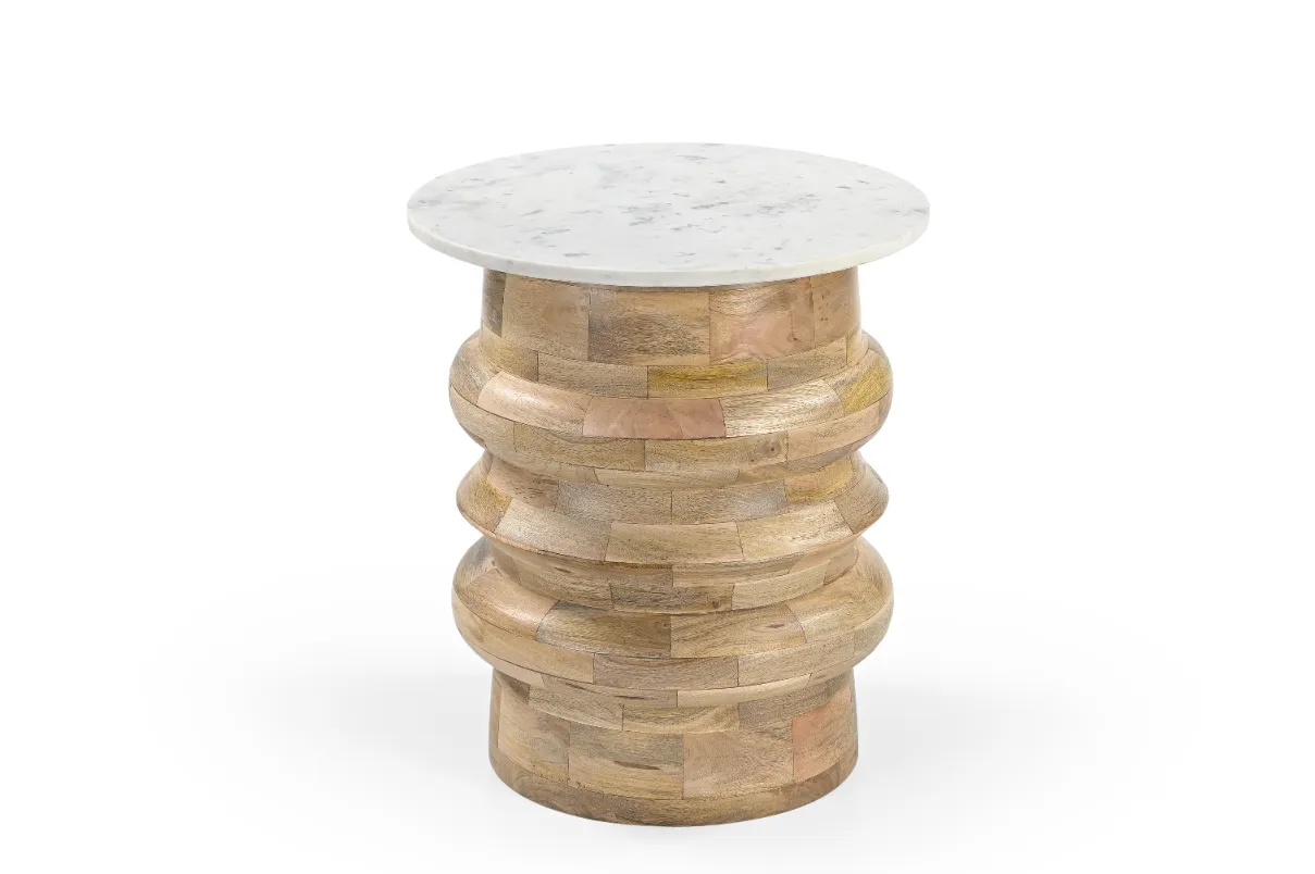 Mango Wood Round End Table with Marble Top