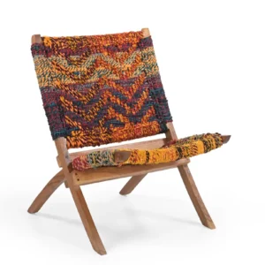 Acacia Wood & Cotton Fabric Lounge Chair in Honey Finish