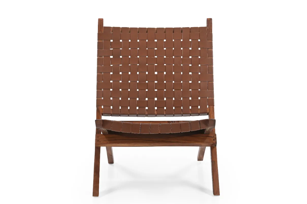 Acacia Wood & Leather Lounge Chair in Honey Finish - Image 3