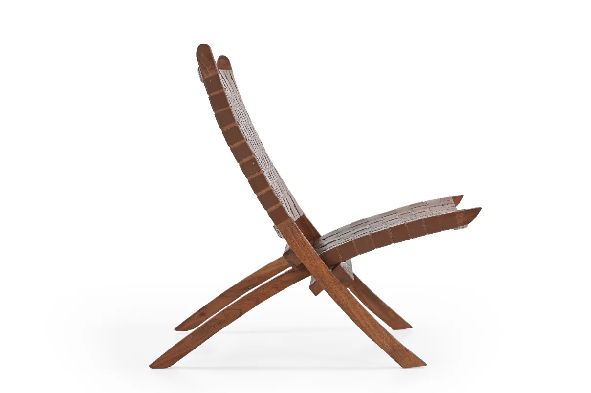 Acacia Wood & Leather Lounge Chair in Honey Finish - Image 4