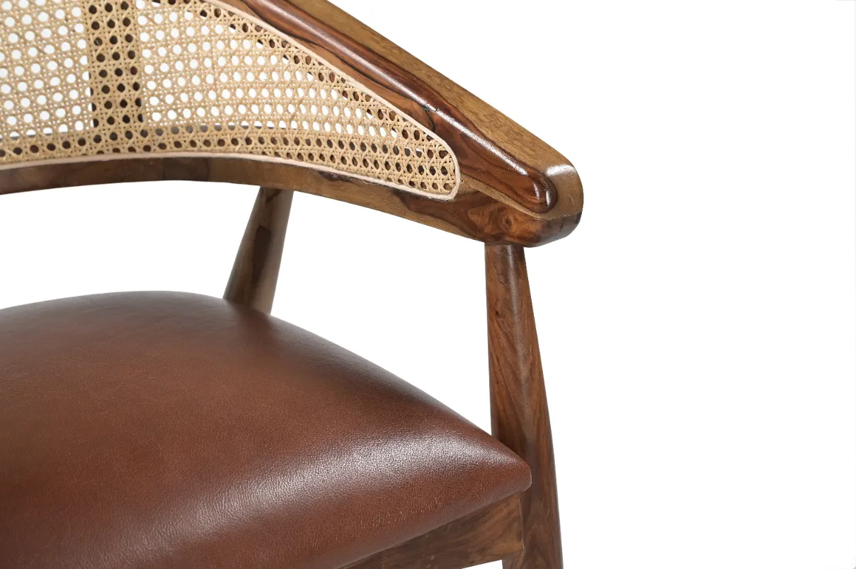 Acacia Wood Dining Chair with Rattan Back & Leather Seat - Image 2