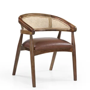Acacia Wood Dining Chair with Rattan Back & Leather Seat