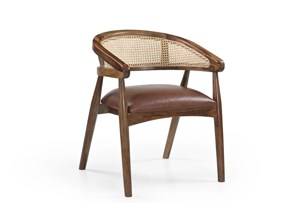 Acacia Wood Dining Chair with Rattan Back & Leather Seat